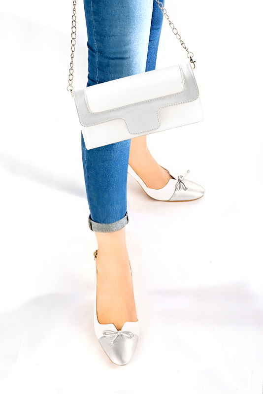 Dress clutch for wedding and parties in pure white and silver leather - Worn view